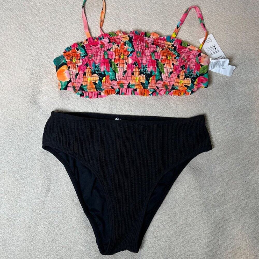 Cupshe Women Two Piece Swimsuit S Floral Smocked Bikini Black Ribbed High Waist